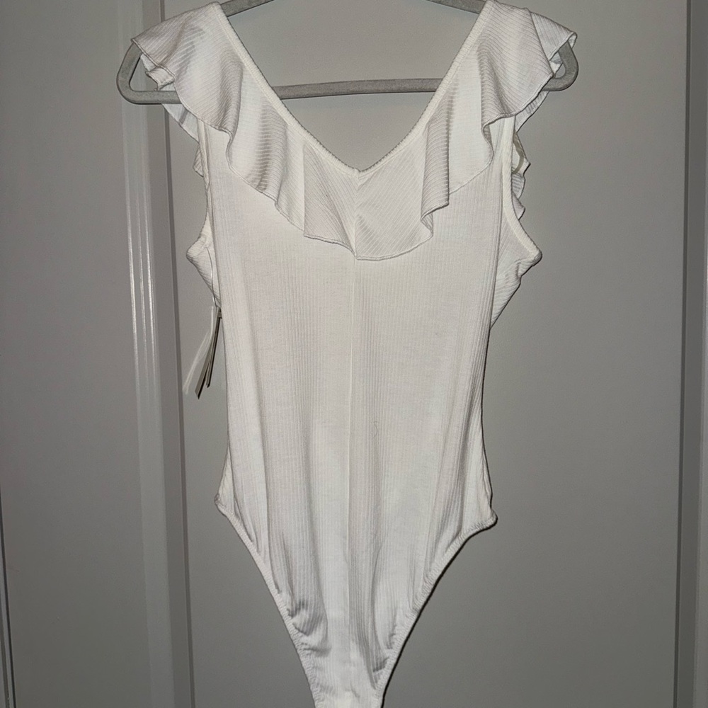 JCPenney White Ruffled Bodysuit with Cap Sleeves